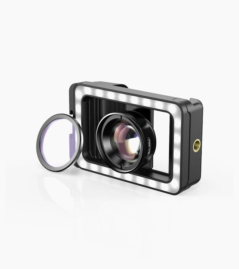 APEXEL Clip d'objectif de téléphone portable 3 en 1 et kit d'objectif macro 100 mm avec lumière de remplissage