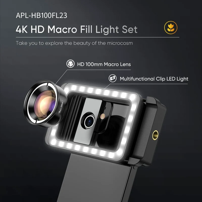 APEXEL Clip d'objectif de téléphone portable 3 en 1 et kit d'objectif macro 100 mm avec lumière de remplissage