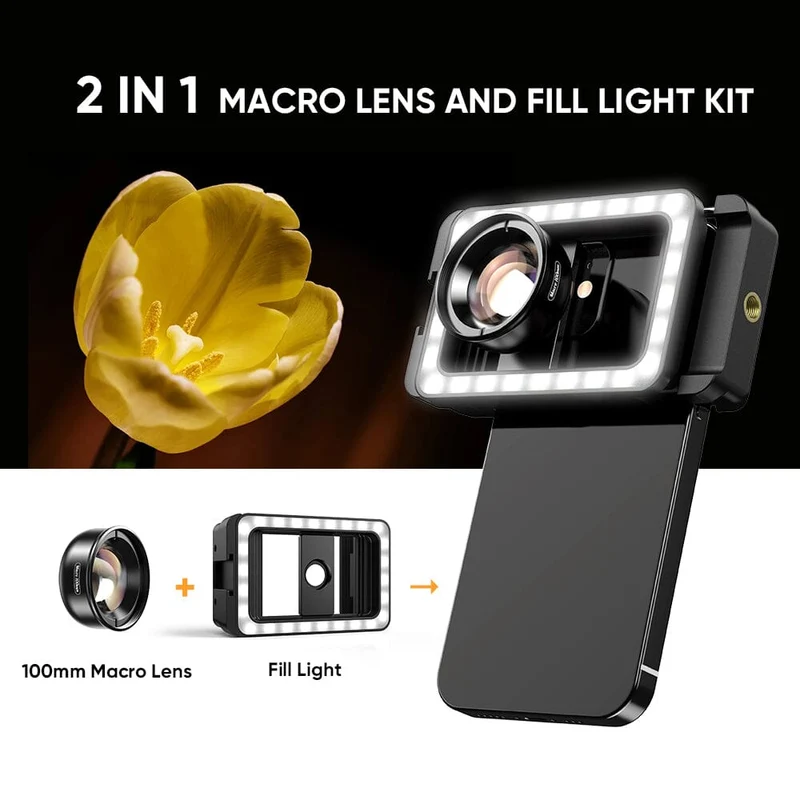 APEXEL Clip d'objectif de téléphone portable 3 en 1 et kit d'objectif macro 100 mm avec lumière de remplissage