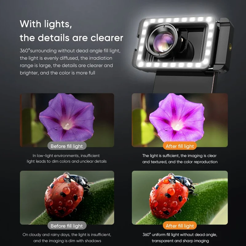 APEXEL Clip d'objectif de téléphone portable 3 en 1 et kit d'objectif macro 100 mm avec lumière de remplissage