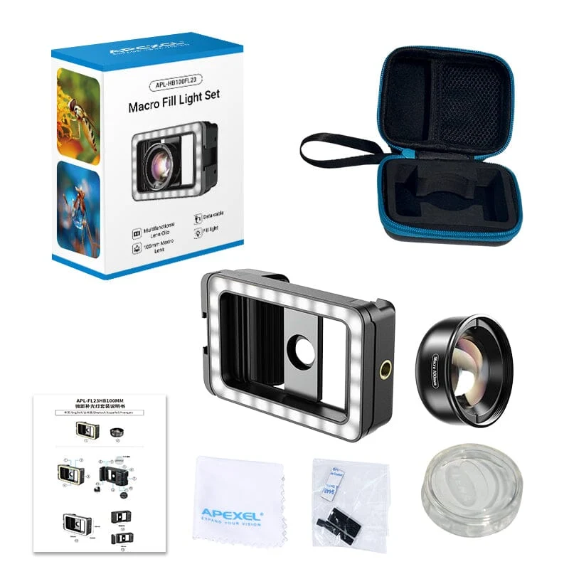 APEXEL Clip d'objectif de téléphone portable 3 en 1 et kit d'objectif macro 100 mm avec lumière de remplissage
