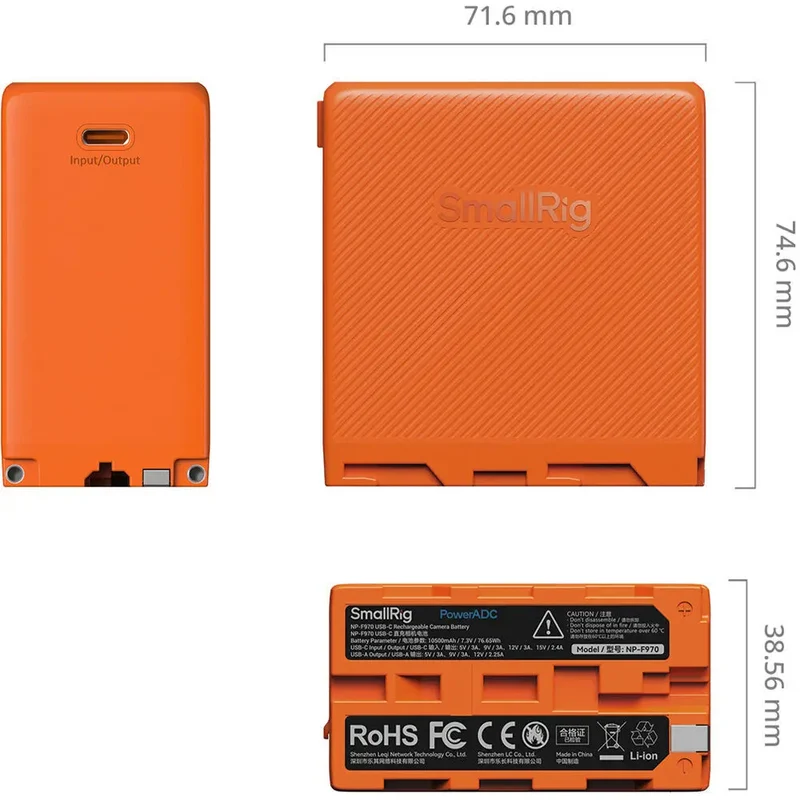 SmallRig 4576 NP-F970 USB-C Batterie Rechargeable pour Appareil Photo, Orange