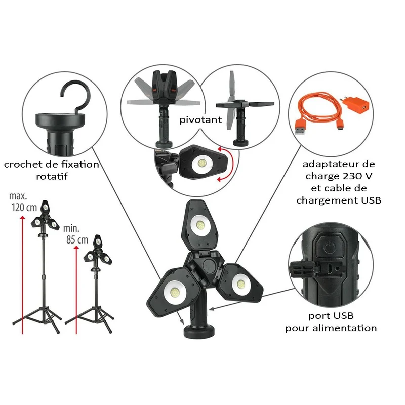 Lampe d'atelier LED sans fil sur pied télescopique