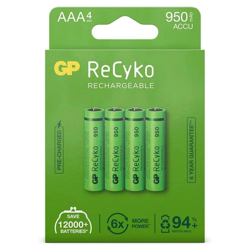 GP NiMH ReCyko AAA 950mAh 1,2V Rechargeable, 4 Pièces