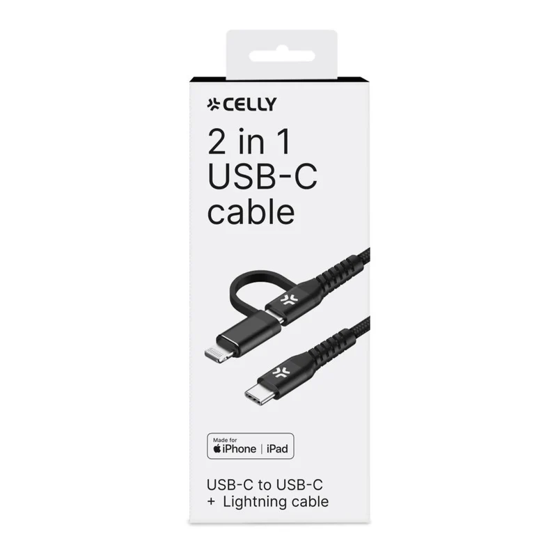 Celly Duo Câble 100W C To C + Lightning 1m, Noir