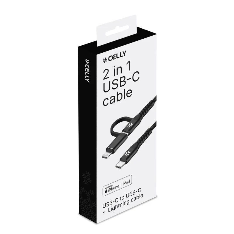 Celly Duo Câble 100W C To C + Lightning 1m, Noir