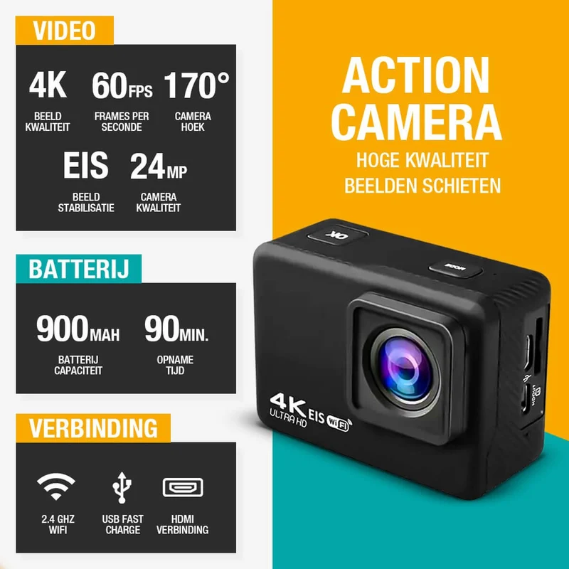Pora&Co Caméra d'action 4K, 16MP, 60FPS, 30m étanche