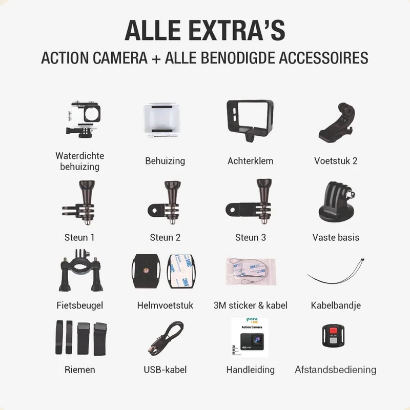 Pora&Co Caméra d'action 4K, 16MP, 60FPS, 30m étanche