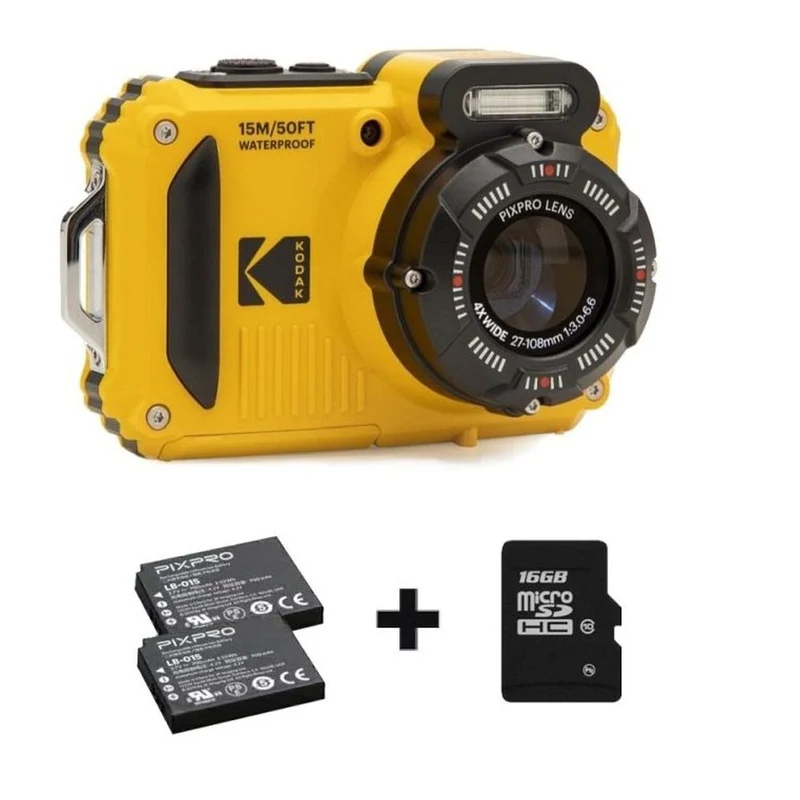 Kodak Étanche WPZ-2 Jaune Zoom 4x, WiFi + Batterie Supplémentaire + Carte Mémoire 16 Go