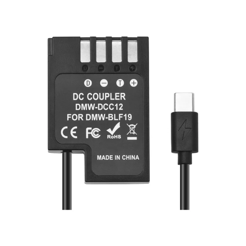 Caruba PD-DCC12 Panasonic DMW-BLF19 Batterie factice, câble spiralé USB Type C