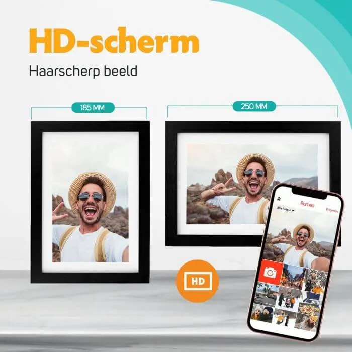 Pora&co Cadre photo numérique avec WiFi et application Frameo 8 pouces, noir bois/blanc