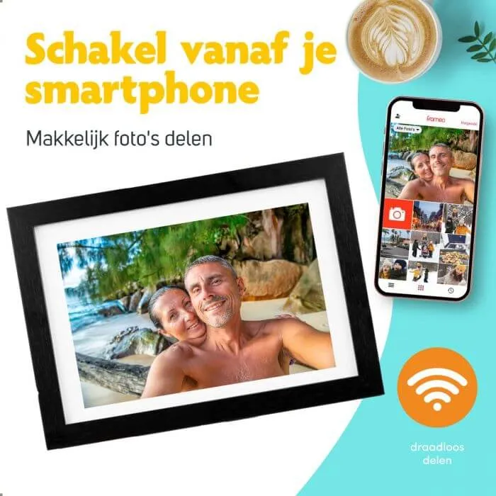 Pora&co Cadre photo numérique avec WiFi et application Frameo 8 pouces, noir bois/blanc
