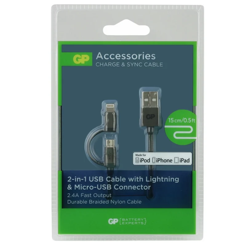 GP Câble de charge et de synchronisation CB03, connecteur Micro USB + Lightning 2 en 1