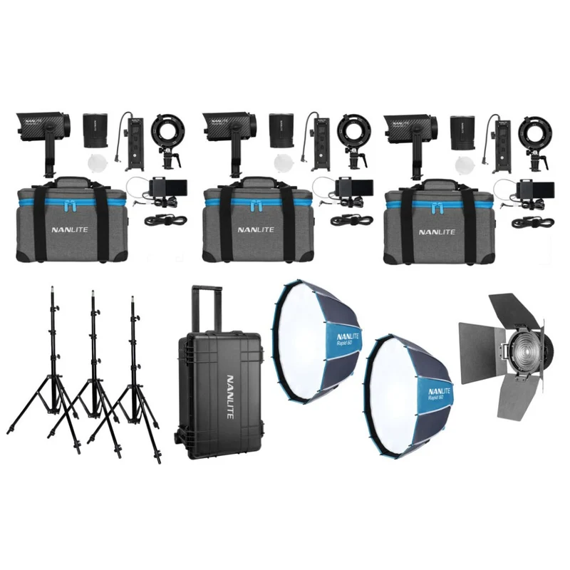 Nanlite Forza 60 II Kit Triple LED (avec boîtier, pied d'éclairage, fresnel et boîte à lumière)