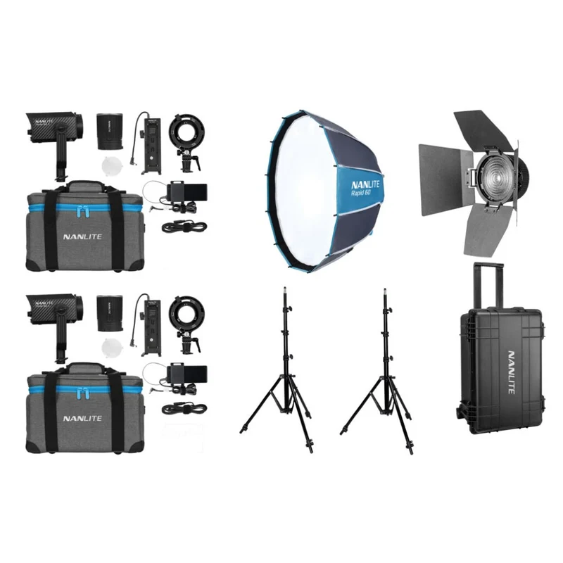 Nanlite Forza 60 II LED dual kit (avec mallette, pied d'éclairage, fresnel et boîte à lumière)