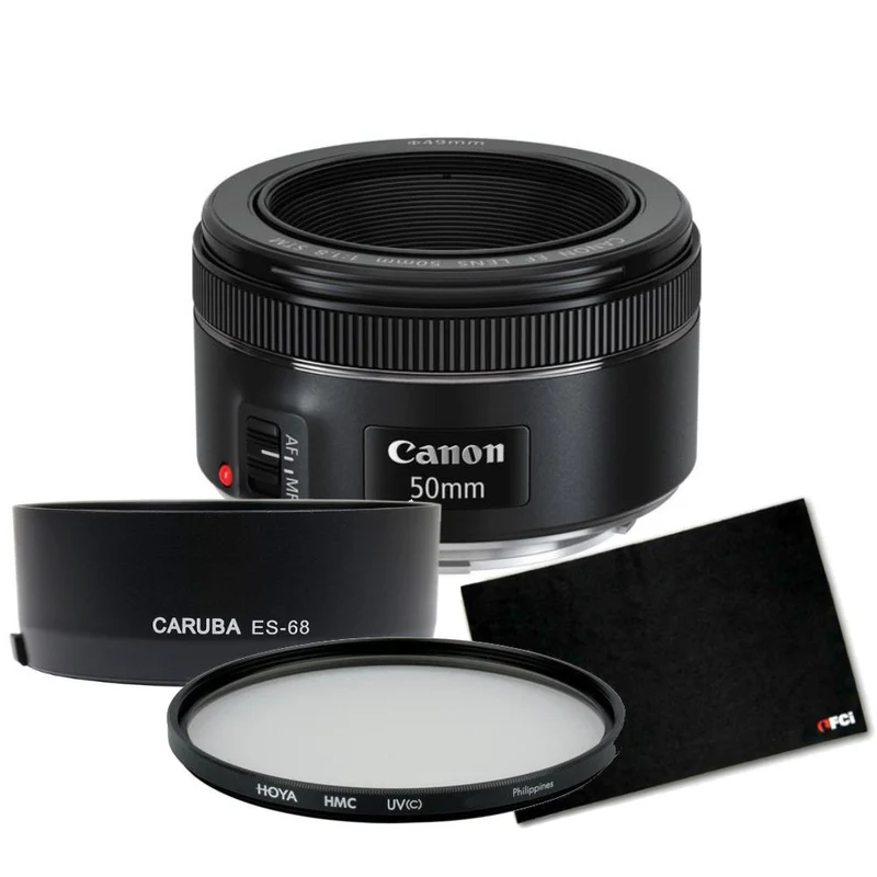 Canon EF 50mm f/1.8 STM + pare-soleil + beschermingsfilter + chiffon pour objectif
