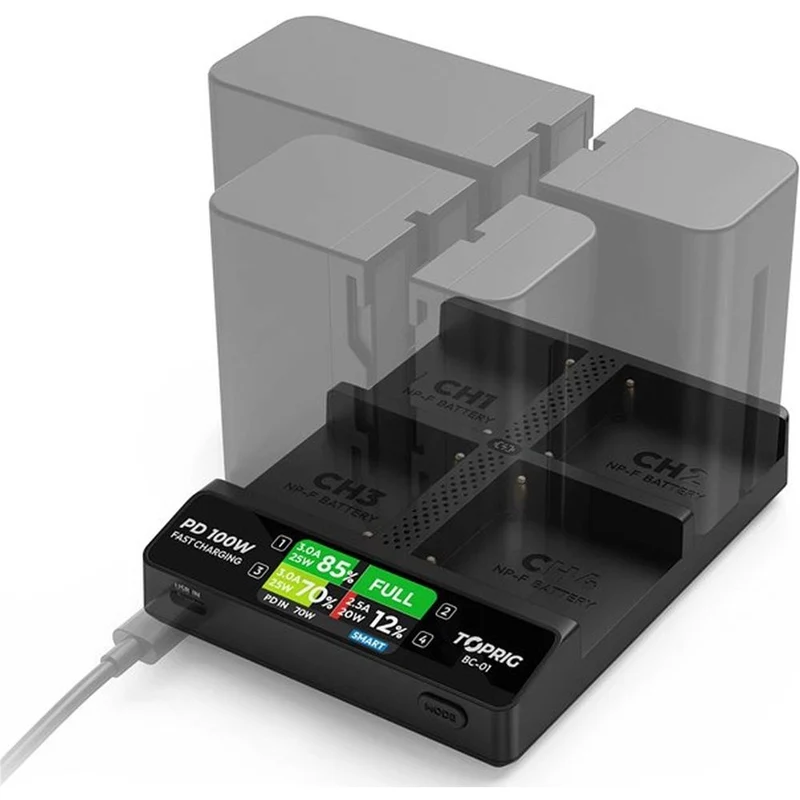 Accsoon TopRig 100W 4-Bay NP-F Fast Chargeur + EU GaN Chargeur