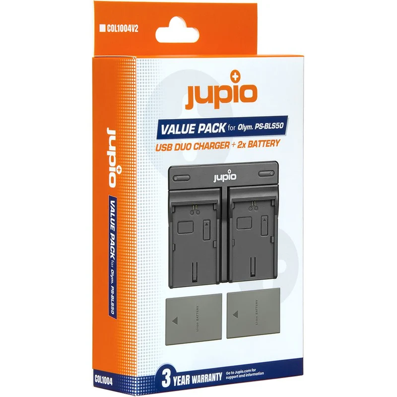 Jupio Pack : 2 Batteries OM SYSTEM PS-BLS5 / PS-BLS50 1210 mAh + chargeur double USB